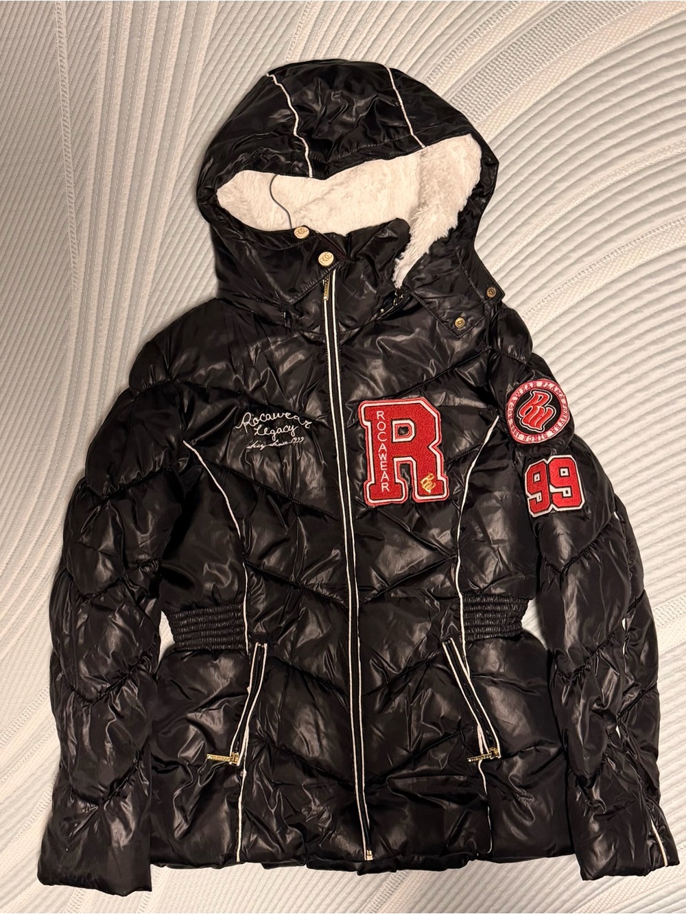 Rocawear Black Hooded Quilted Puffer Jacket with Red Patch Accents